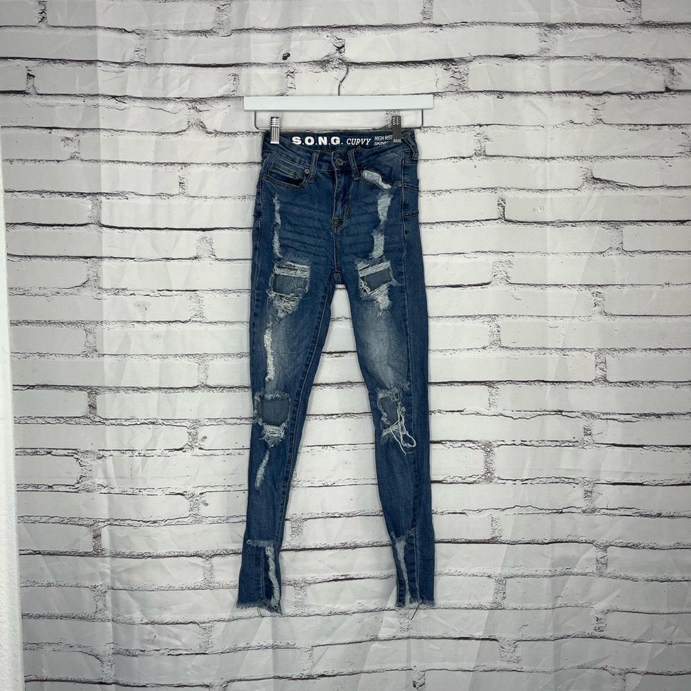 S.O.N.G High Rise Skinny Ankle Jeans Curvy Fit Women’s 00/23 Med Wash Y2K Grunge